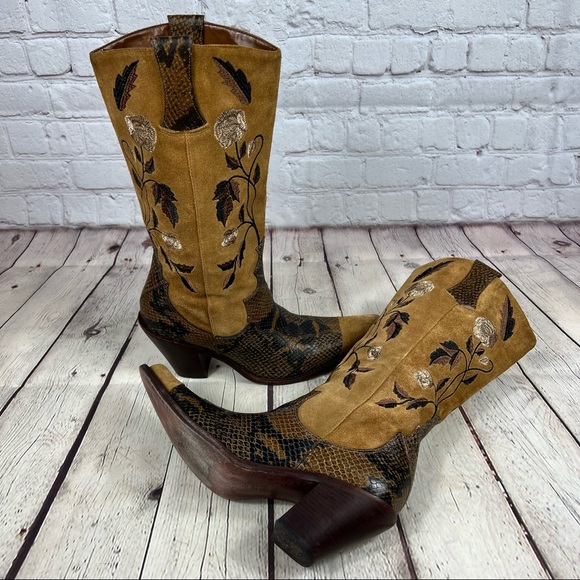 Antonio Melani Brown Suede and Snakeskin Floral Embroidery Heeled Cowboy Boots - Picture 2 of 16